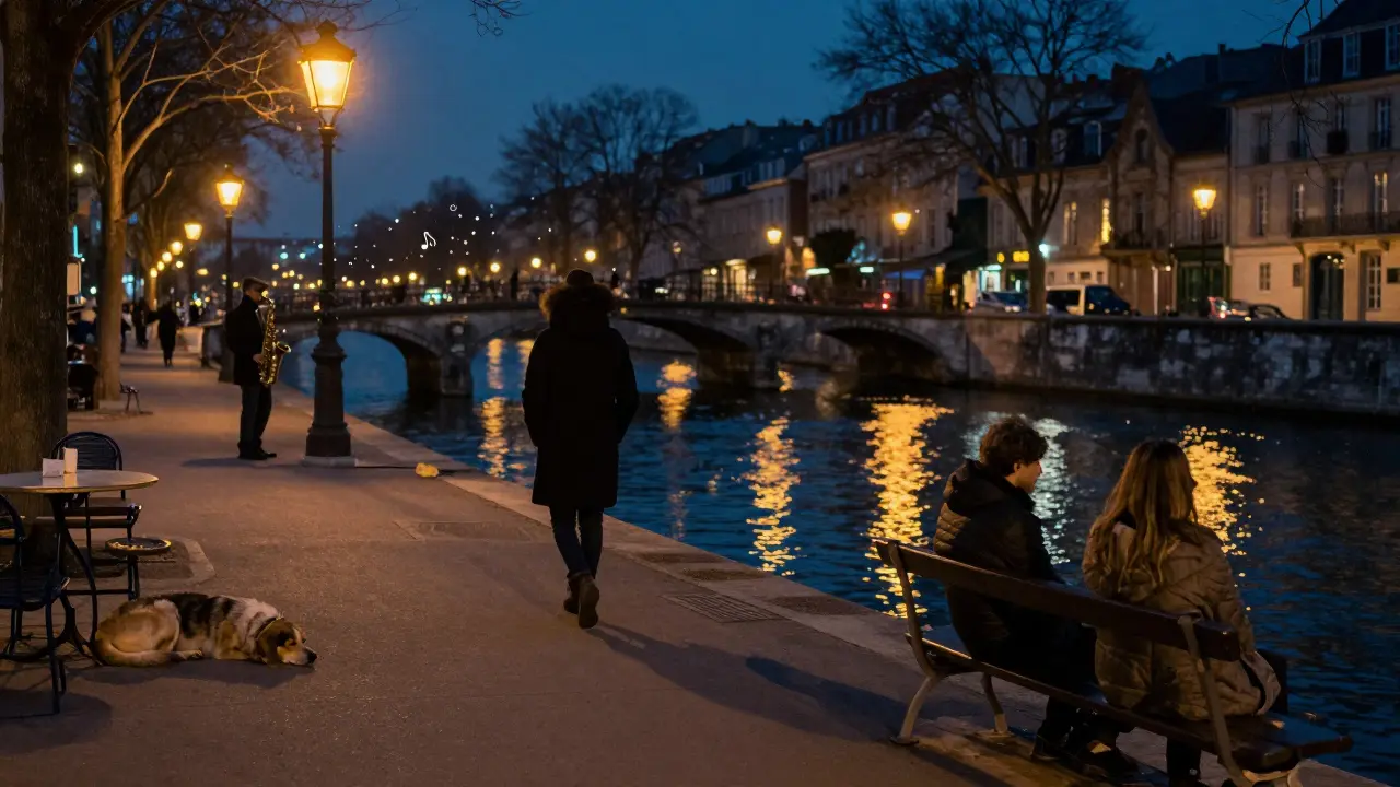 A solitary walker beside the Canal Saint-Martin at night, illuminated by bridge lights as a saxophonist plays nearby.
