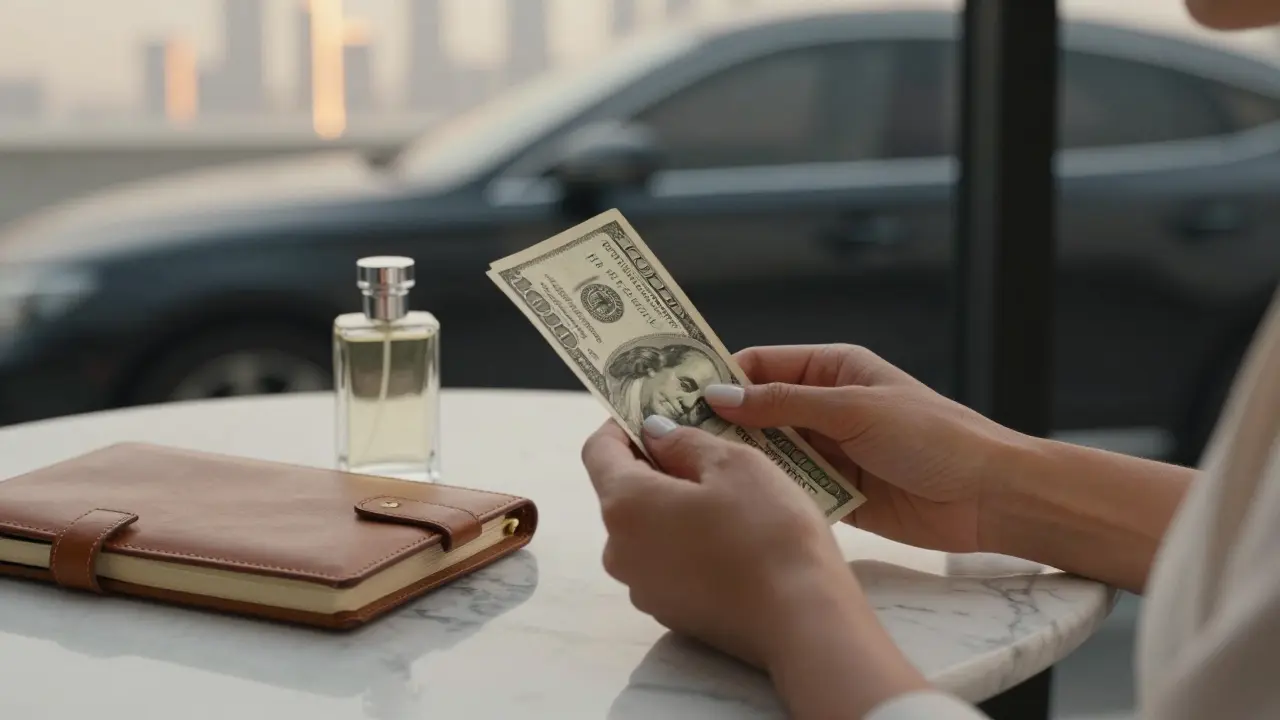 A woman's hand holds a 0 bill beside a notebook and perfume, with Dubai’s skyline visible through a car window.