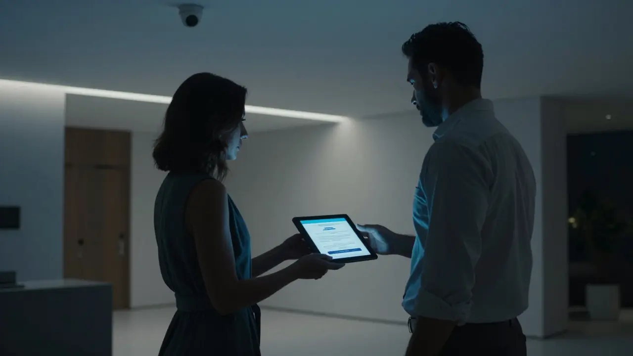 A woman handing a man a tablet in a Dubai lobby, discreet and confidential, no faces shown.