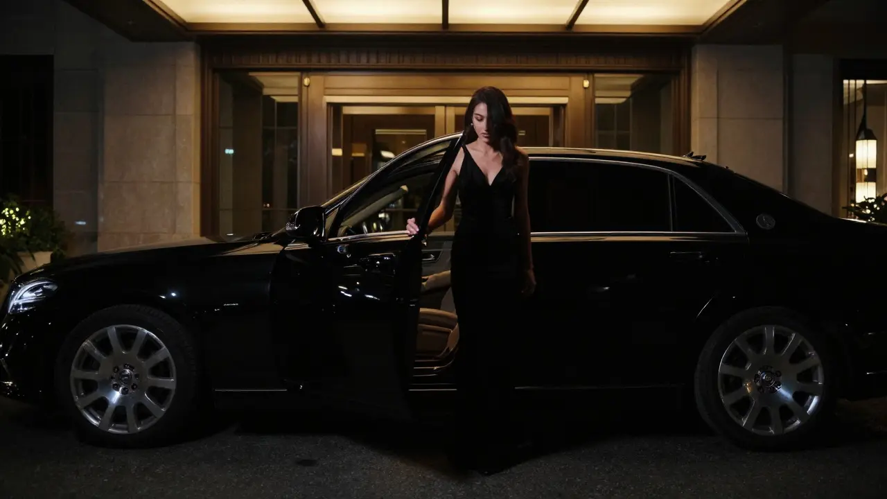 A woman in a black gown stepping out of a luxury car at a private hotel entrance at night, surrounded by quiet discretion and elegance.