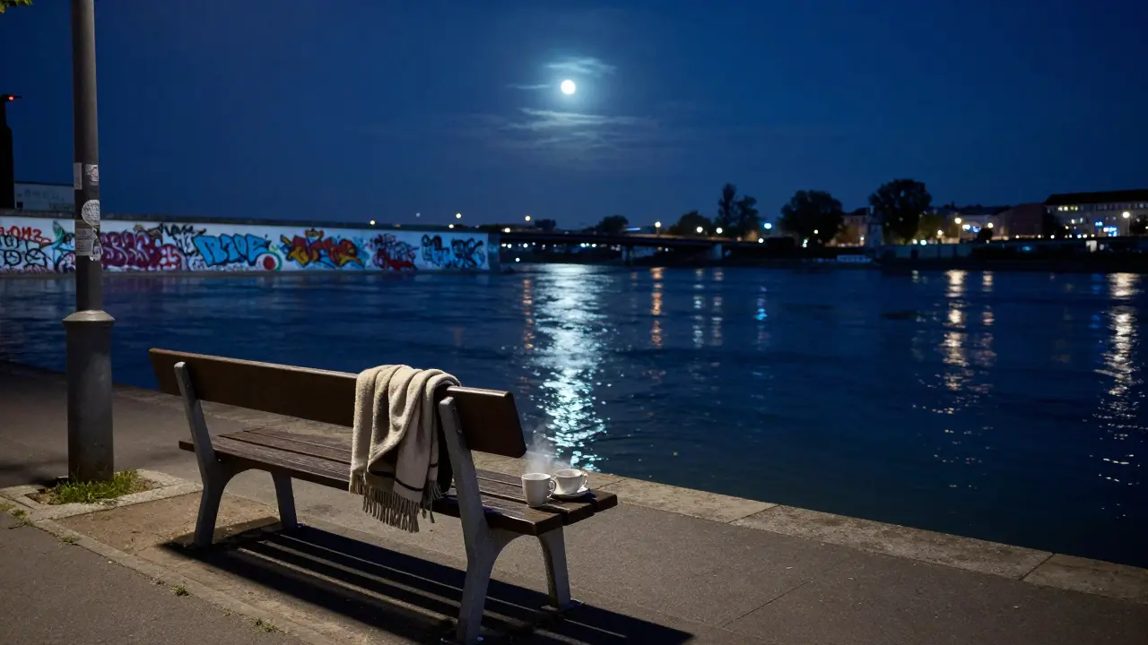 An empty bench by the Spree River at night, with steaming teacups and glowing graffiti from the East Side Gallery in the distance.