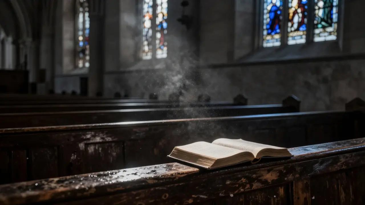 An empty church at midnight with a single open book on a pew, illuminated by moonlight.