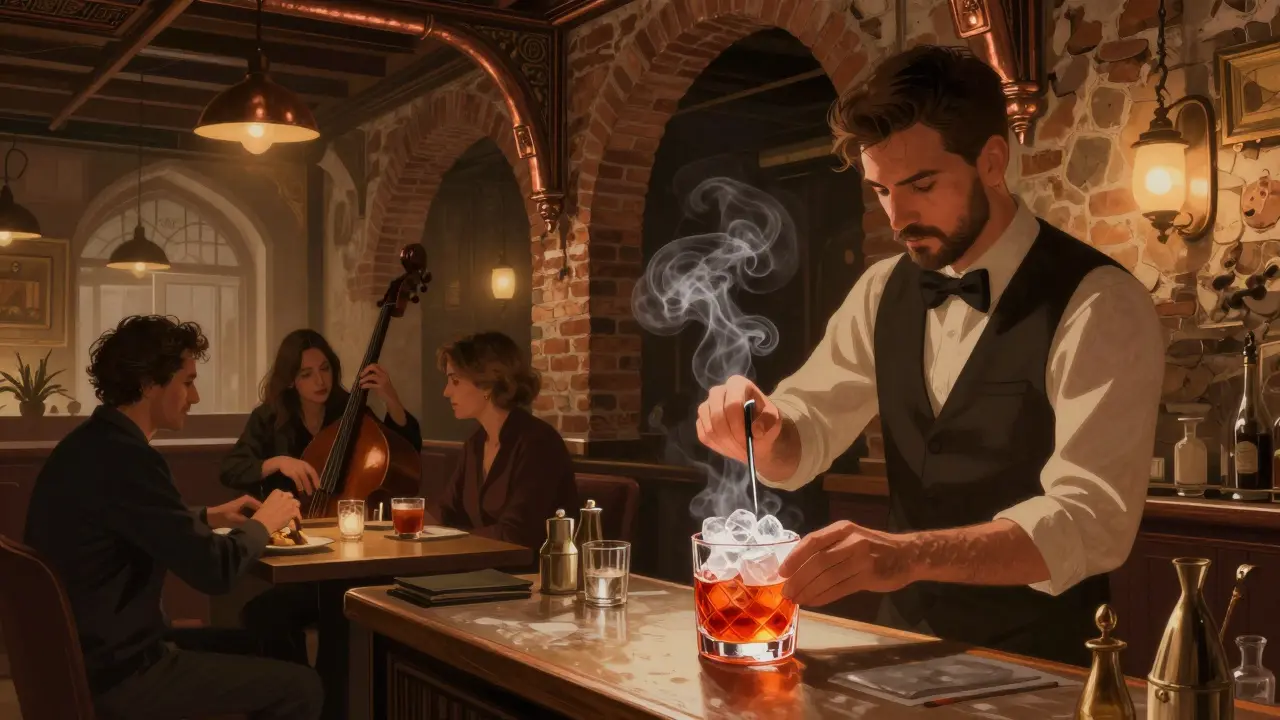 Cocktails being crafted at Karaköy Lokanta with smoke and ice, patrons in dim, warm-lit Ottoman warehouse.