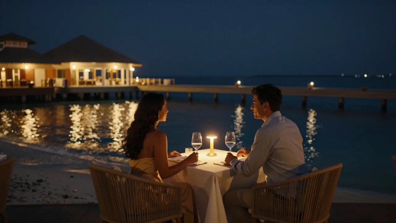 Couple dining at Pierchic over-water restaurant with Arabian Gulf views