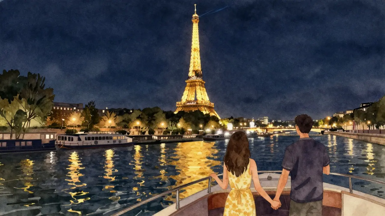 Couple on Seine River cruise at night with Eiffel Tower view