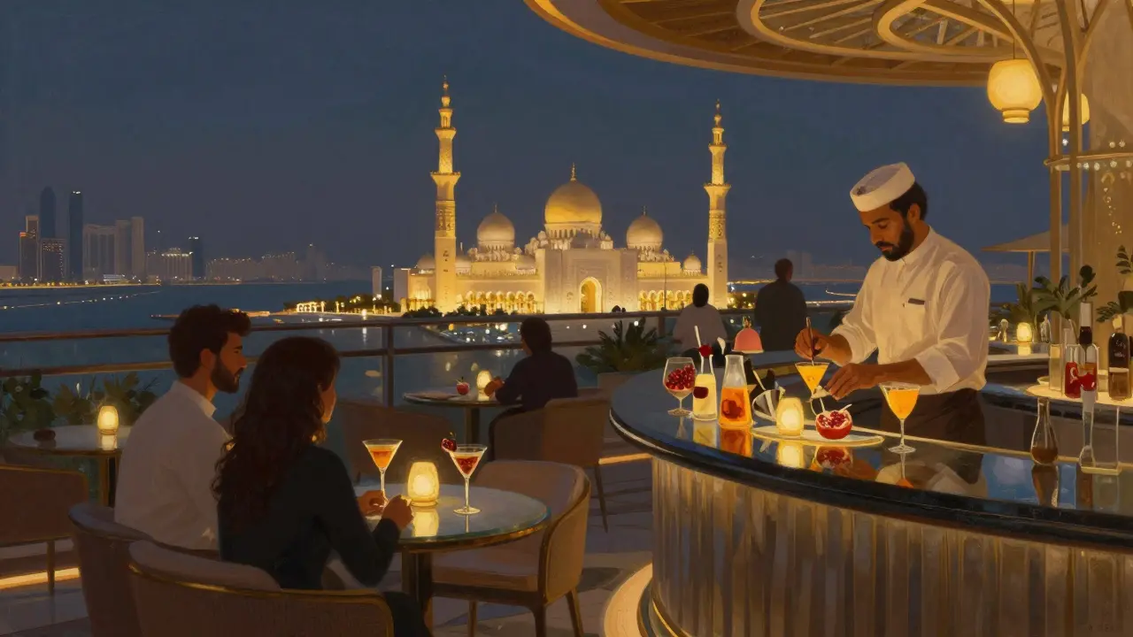 Couples enjoying cocktails at Al Maha Sky Lounge with mosque glowing in the distance