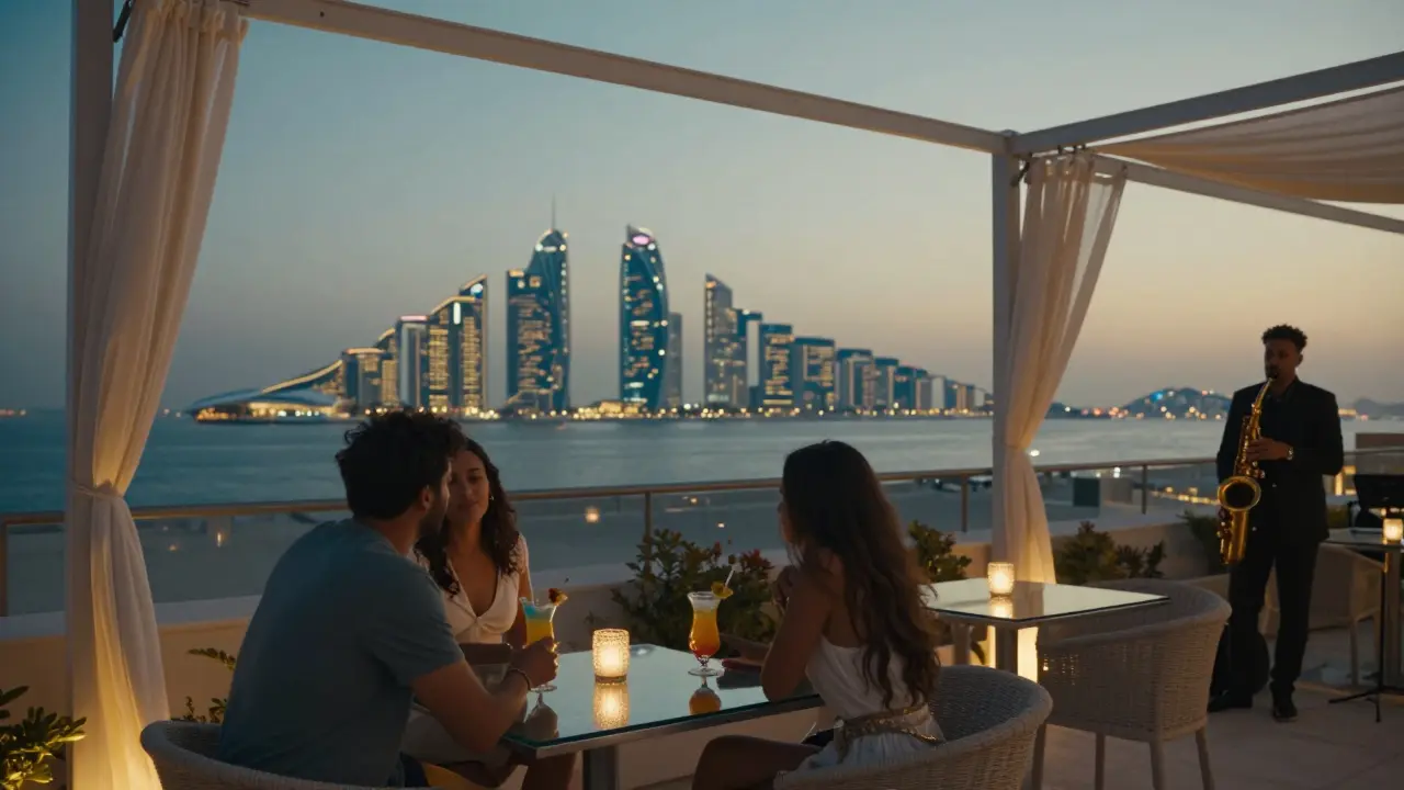 Couples enjoying cocktails on a rooftop bar with Yas Island's glowing skyline in the background.