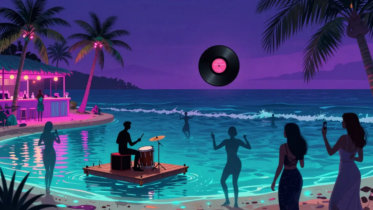 Dancers at Blue Bay beach club under neon lights with a drummer performing on a floating platform at sea.