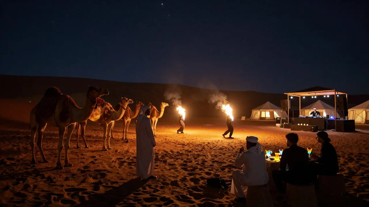 Desert party under starry sky with LED camels, fire dancers, and glowing tents in the dunes.