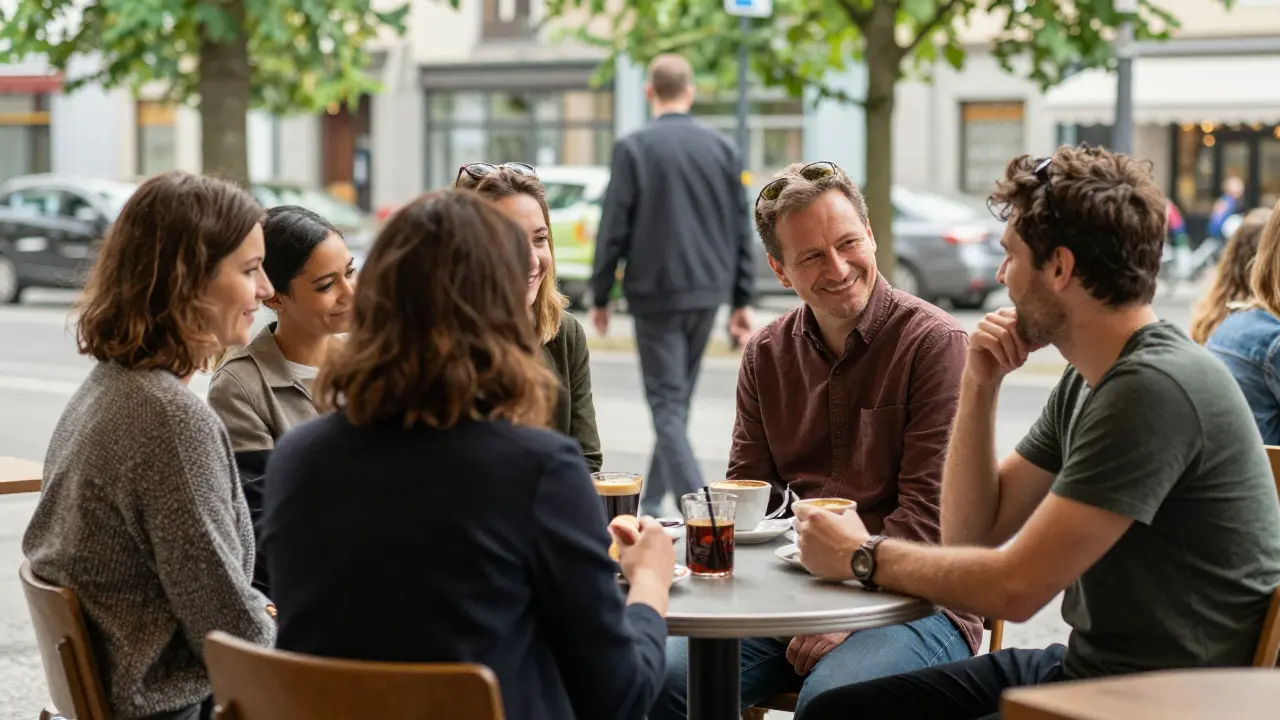 Diverse individuals in Berlin enjoying private companionship at a café and along a tree-lined path, in normal, everyday settings.