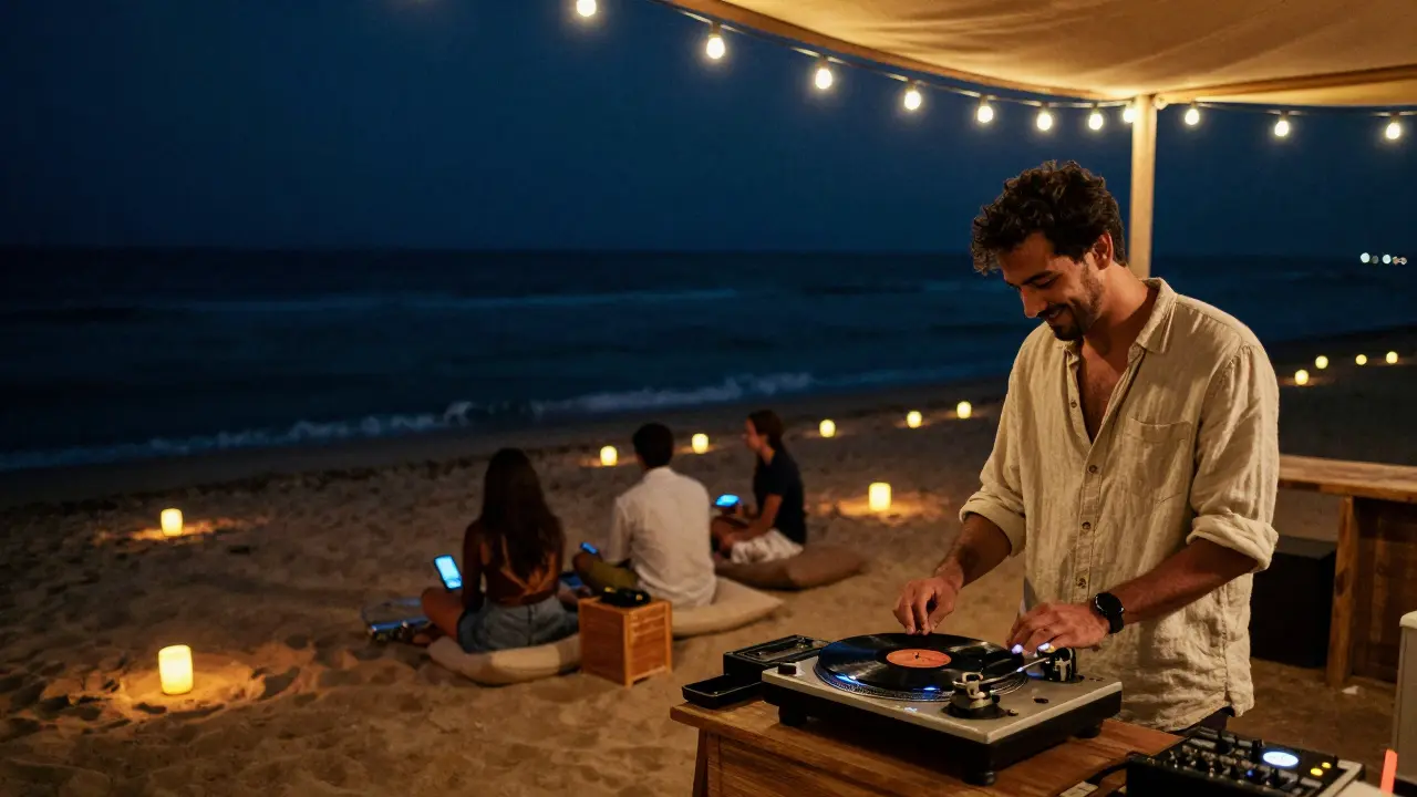 Guests relaxing at Al Dhaqan Beach Bar with vinyl record and lantern-lit shore