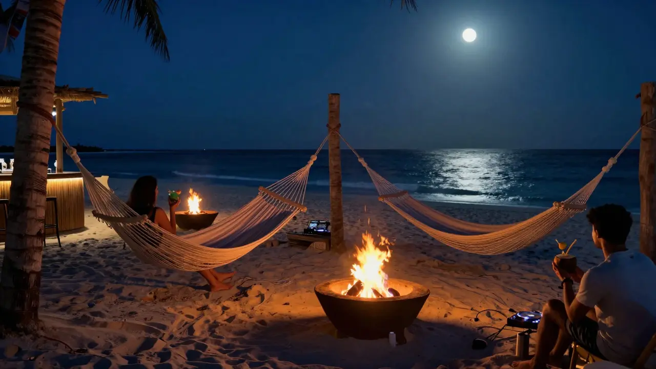 Guests relaxing in hammocks at a beach bar under starry skies, sipping drinks from coconuts beside a flickering fire pit.
