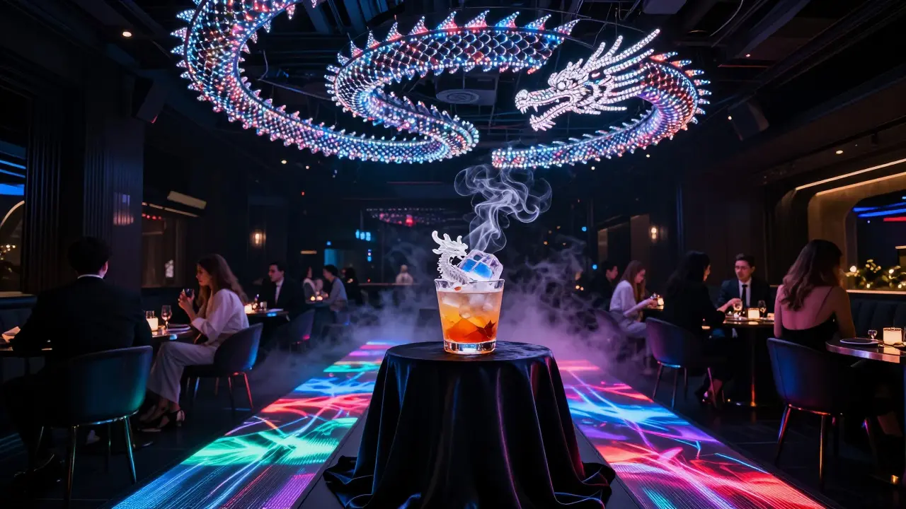 LED dragon ceiling and smoking cocktail at Hakkasan Abu Dhabi with colorful glowing floor panels.
