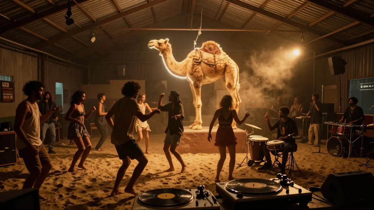 People dancing barefoot on sand inside a warehouse with neon camel lights and live drummers.
