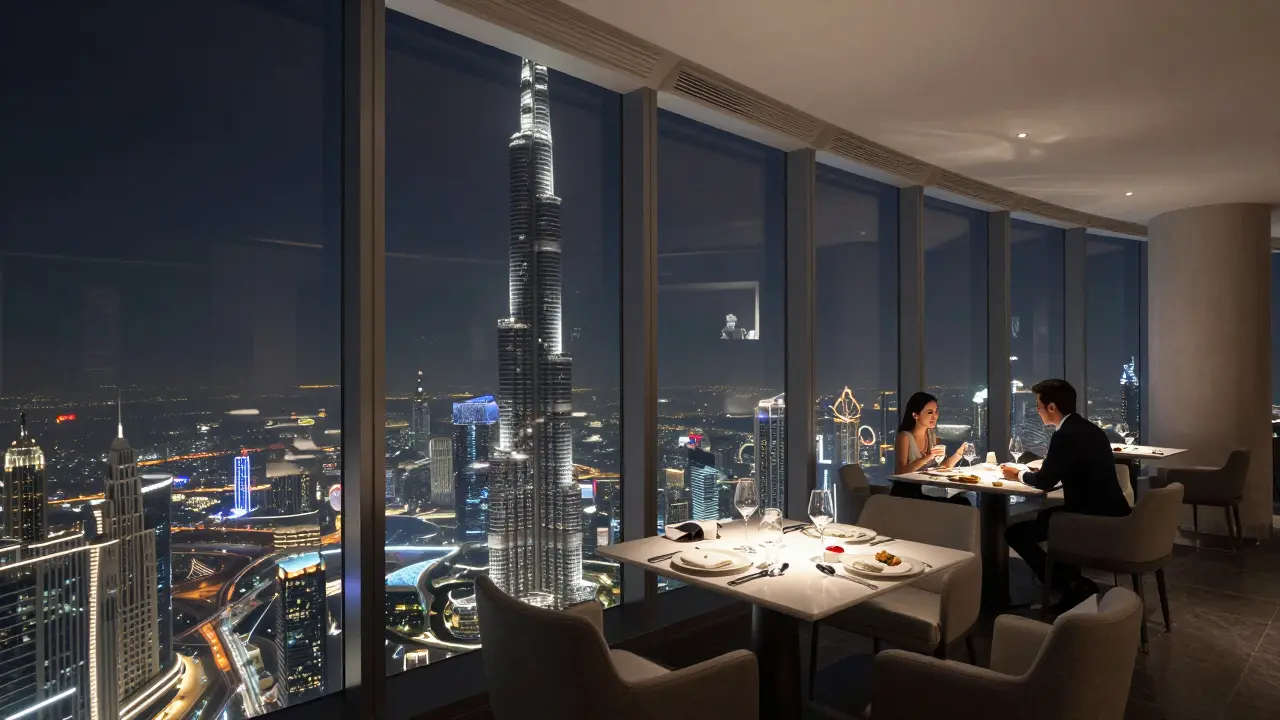 Private dining room in Burj Khalifa's Atmosphere with city skyline view