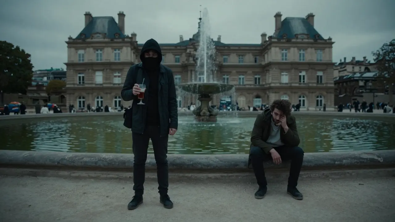 Scammer offering drink to tourist in Luxembourg Garden, Paris