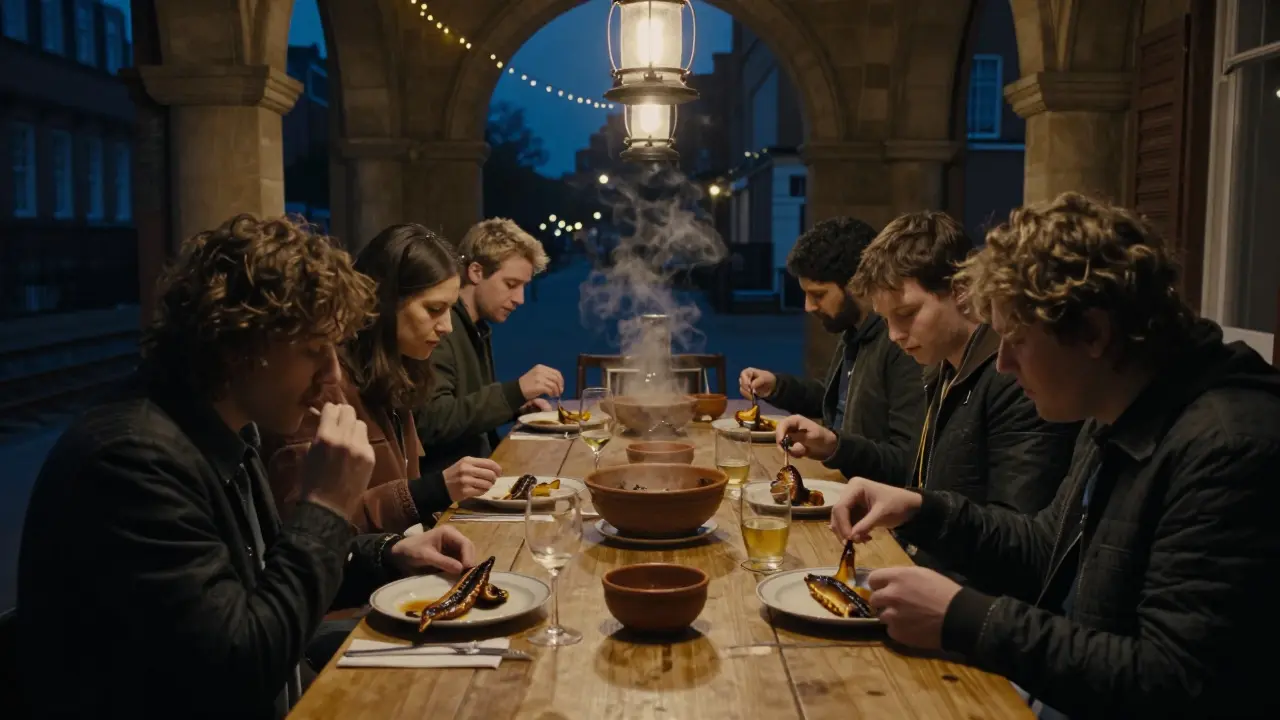 Strangers sharing a midnight meal at wooden tables under string lights in a railway arch, eating with their hands in quiet communion.
