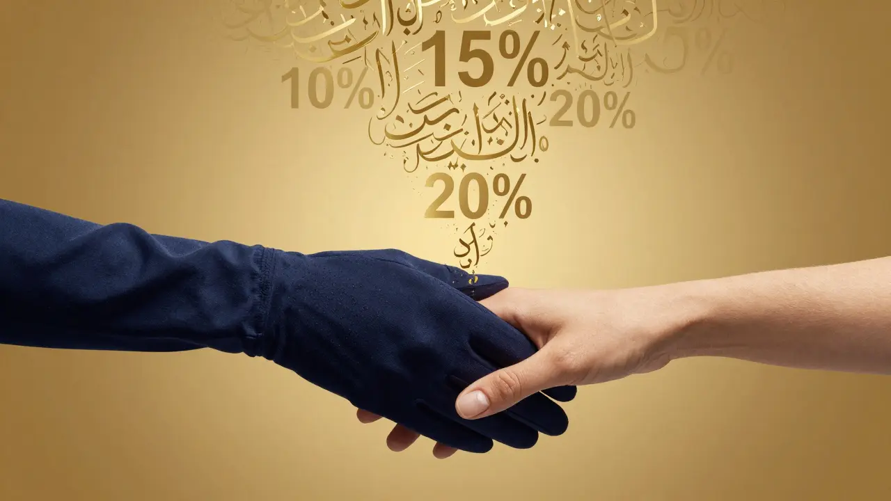 Two hands overlap on a golden background with floating percentage symbols and Arabic patterns, symbolizing respect and value.