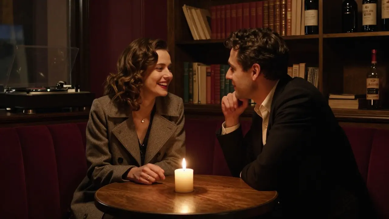 Two people in a dimly lit Berlin speakeasy, candlelight reflecting off their faces as they share a quiet, meaningful moment.