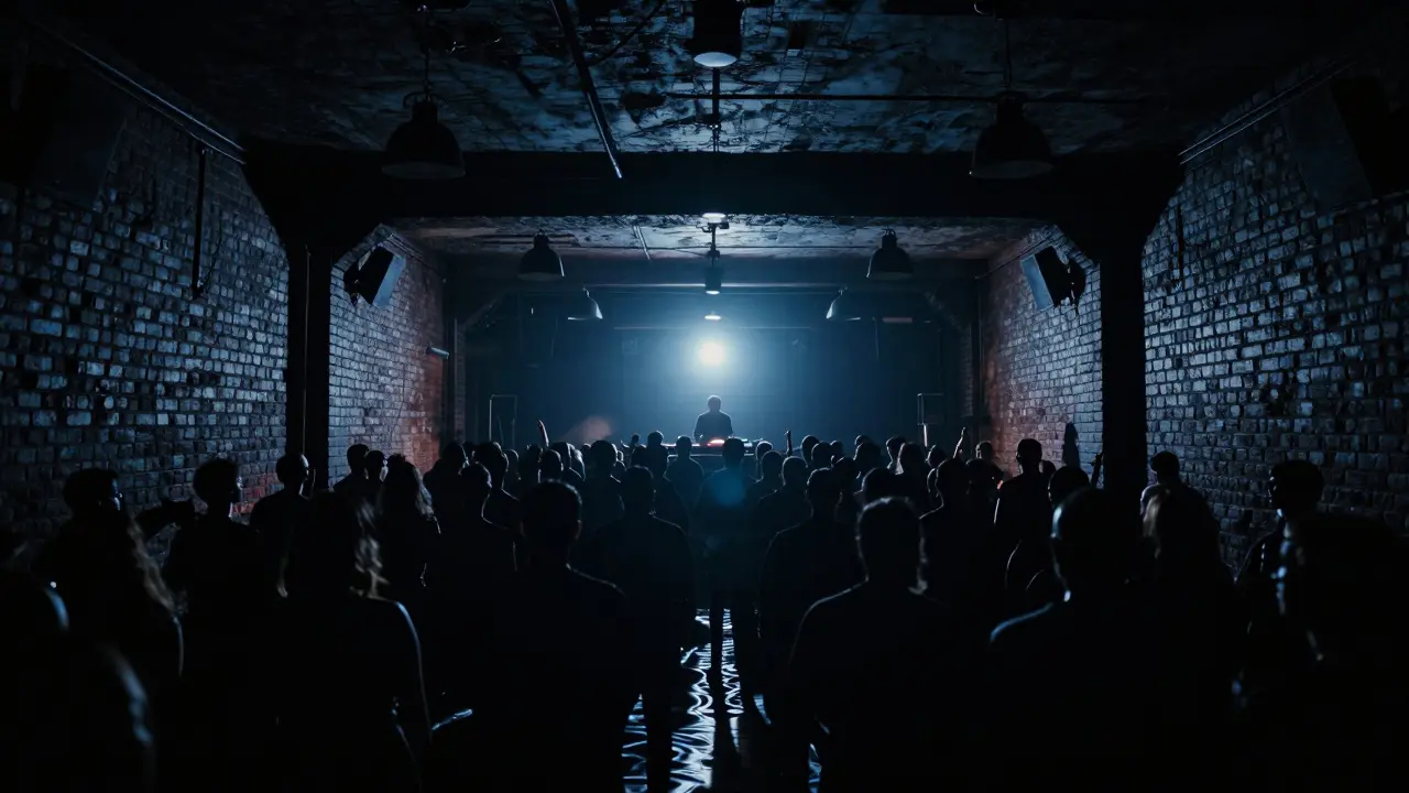 Underground house party at Asmone with silhouetted dancers and industrial brick walls, no visible signs.