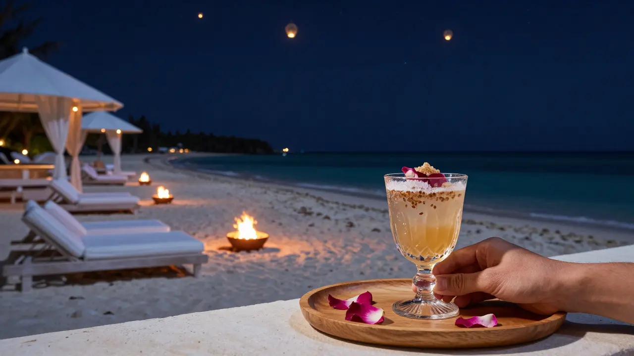 White lanterns and fire pits on a beach at Zaya Nurai Island under a starry sky with a glowing cocktail.