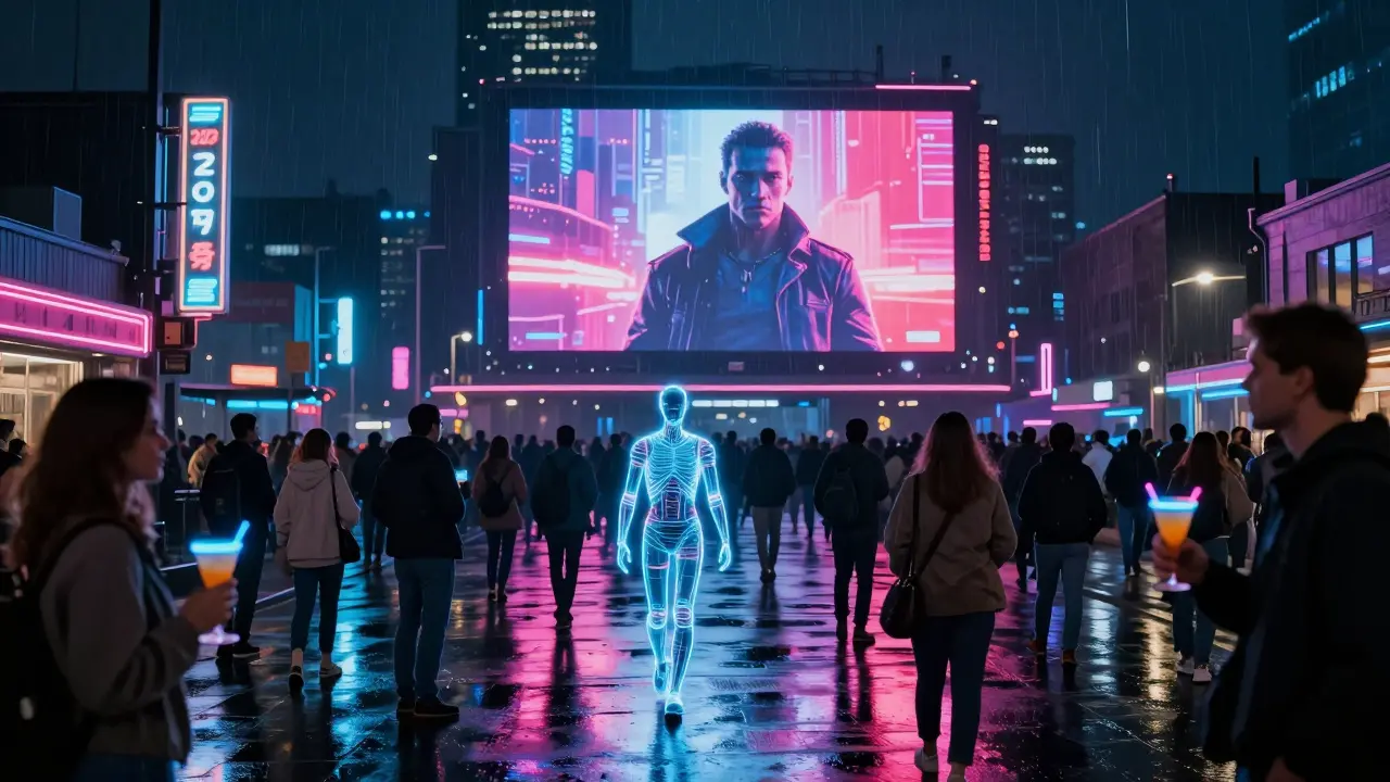 A Blade Runner 2049-inspired outdoor screening in rainy London, with neon lights and a holographic replicant.