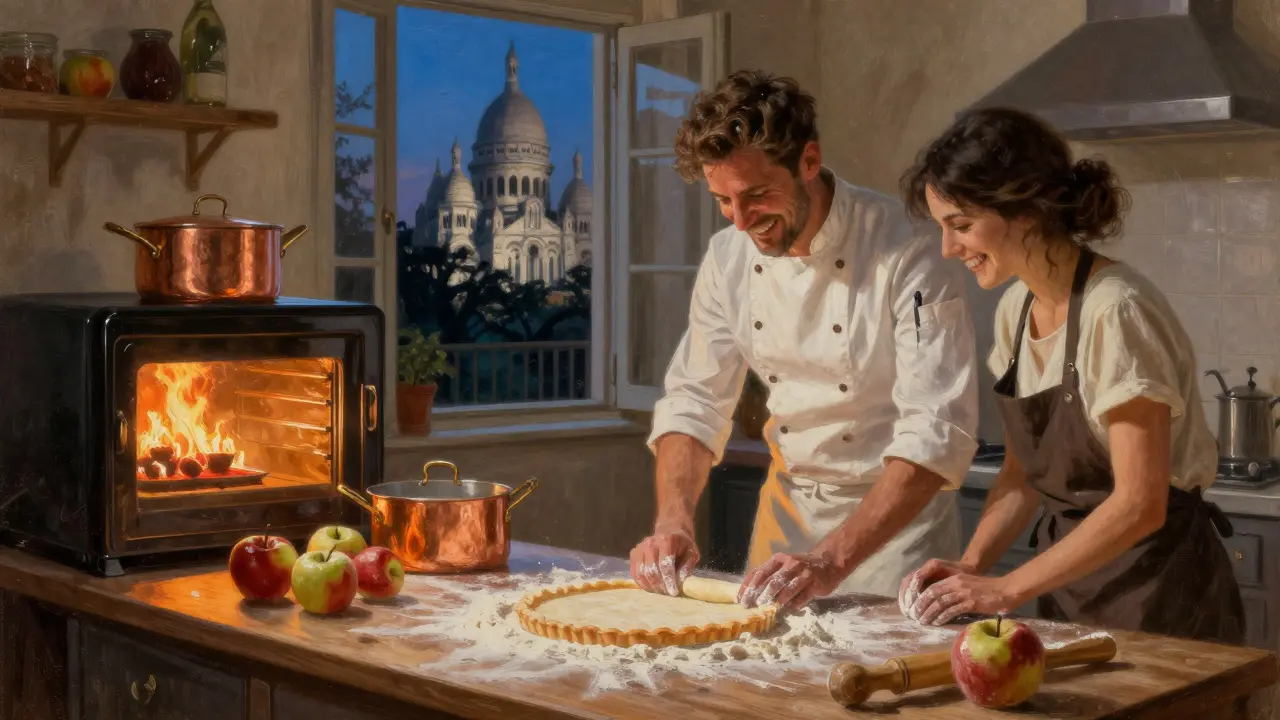 A chef and companion preparing tarte Tatin in a warm, flour-dusted Parisian kitchen, with Sacré-Cœur visible through the window.