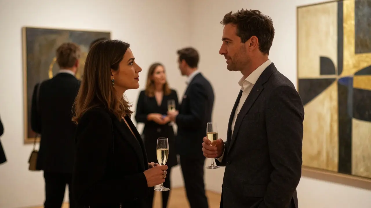A client and escort engaging respectfully at an art gallery opening in London, surrounded by blurred guests.