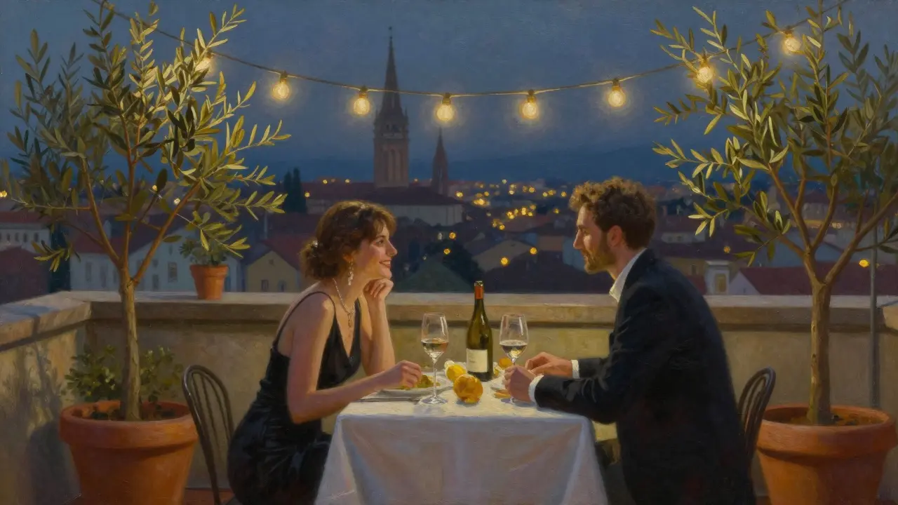 A couple enjoying a quiet rooftop dinner in Milan's Brera district at twilight, engaged in thoughtful conversation.