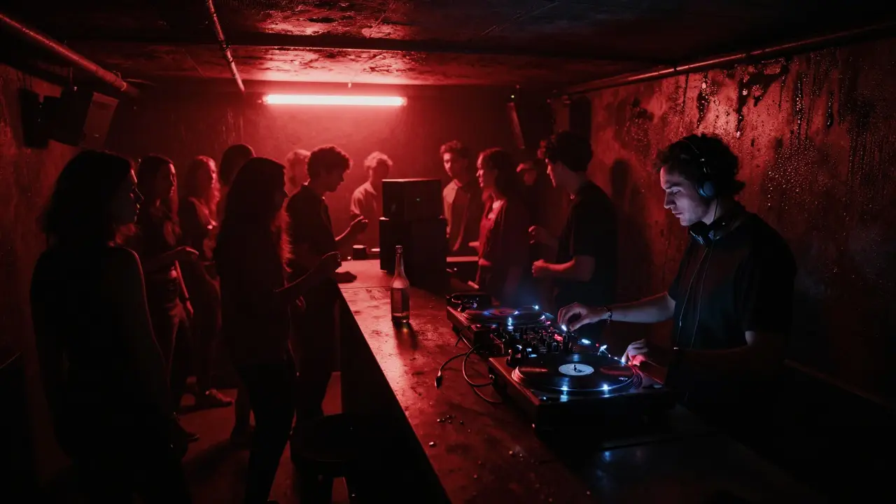 A dimly lit underground basement where a crowd dances to raw techno under a single red light.