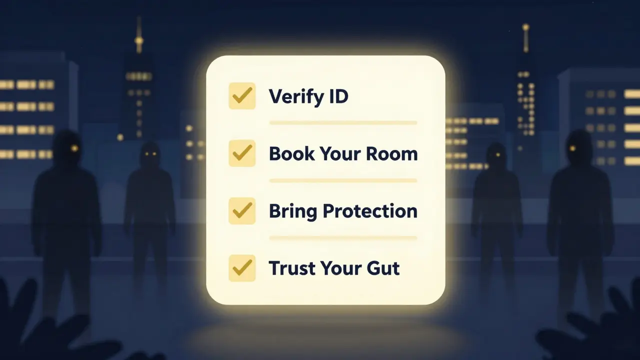 A glowing safety checklist hovers over Berlin's night skyline, with warning shadows receding, symbolizing cautious decision-making.