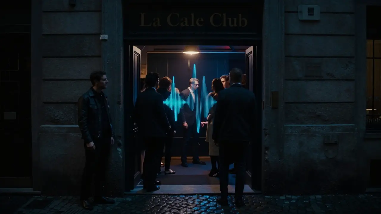 A hidden basement club entrance in a dark alley, stylish crowd gathering as bass pulses through the door.