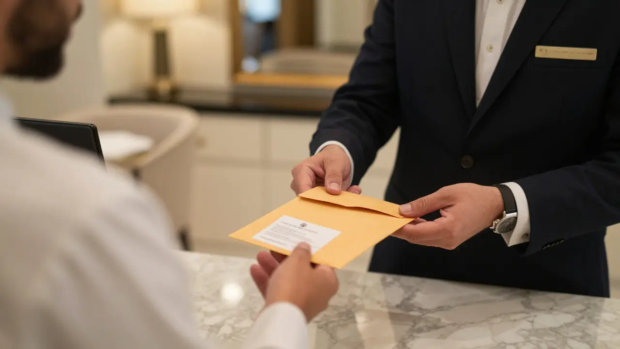A hotel concierge discreetly passing a business card to a guest in a luxury hotel lobby, emphasizing privacy and trust.