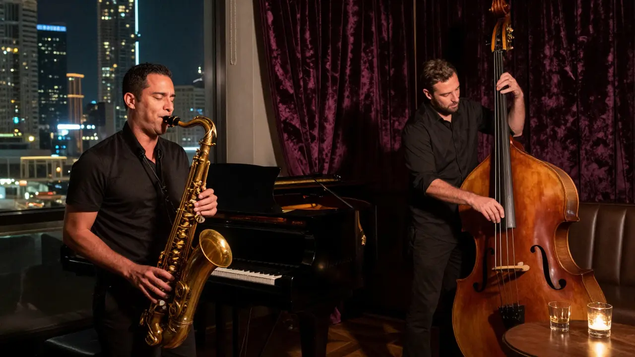 A jazz trio playing in a dimly lit, velvet-curtained lounge with no phones or distractions.