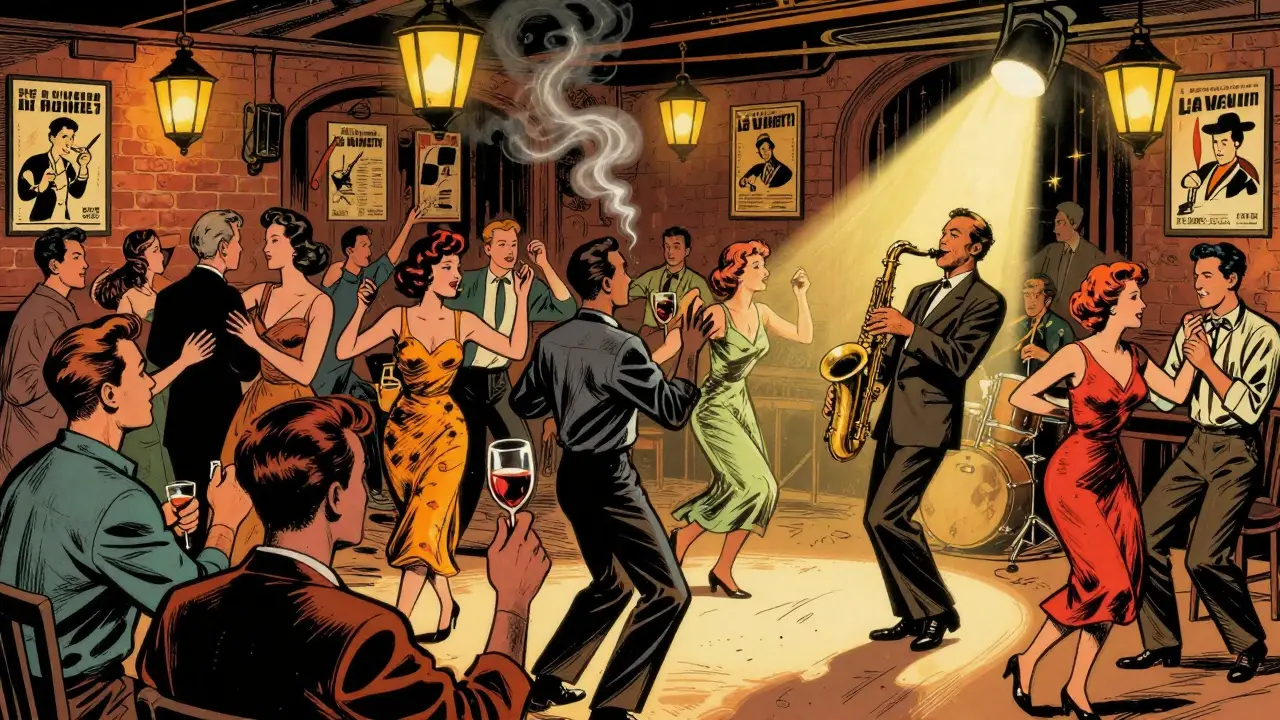 A lively jazz cellar in Paris with musicians playing and patrons swaying to swing music under golden light.