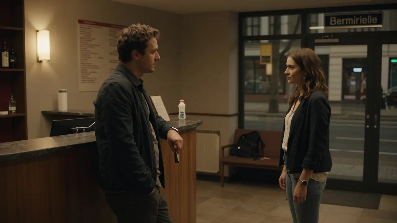 A man and woman in a Berlin hotel lobby, calmly separated by space, conveying mutual respect and safety during a meeting.