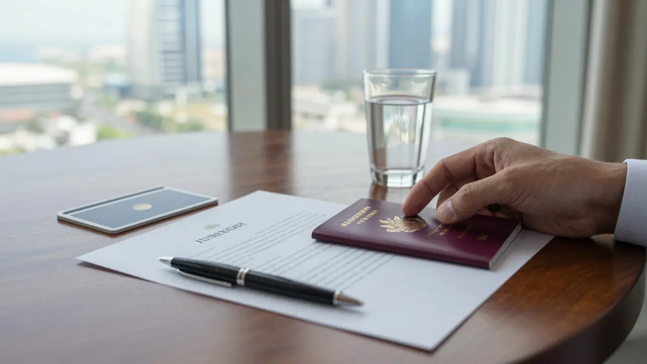 A passport and printed agreement on a table beside a hotel keycard, symbolizing discreet, lawful meeting.