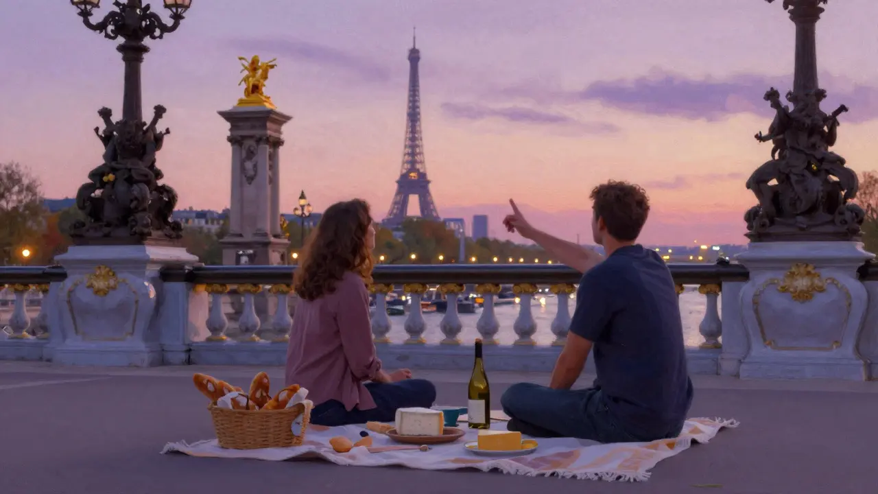 A picnic at dusk on Pont Alexandre III, wine and bread beside them as Paris lights begin to glow.