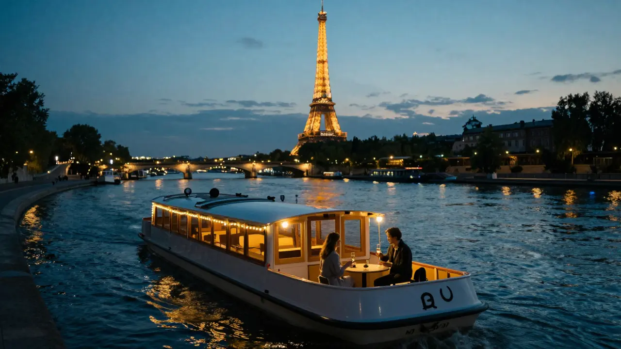 A private boat on the Seine at dusk, two people sipping champagne as the Eiffel Tower sparkles in the distance.