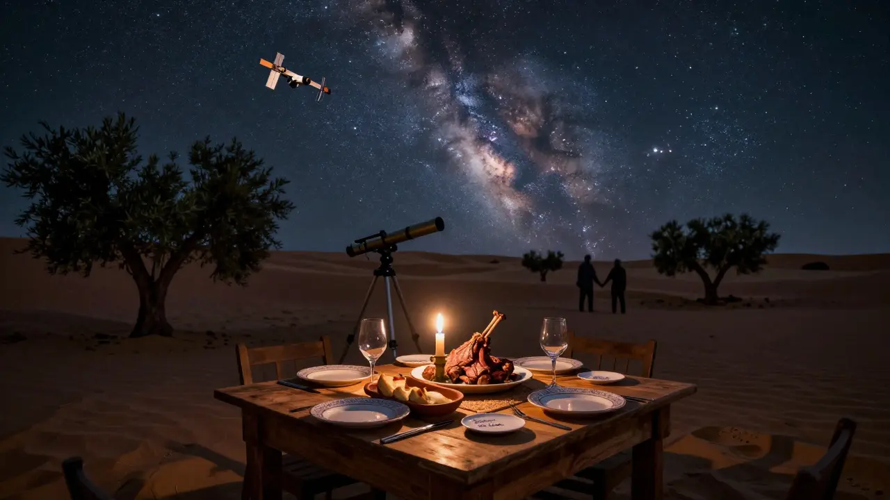A private desert dinner under the stars with candlelight, a telescope, and the Milky Way above, surrounded by dunes.