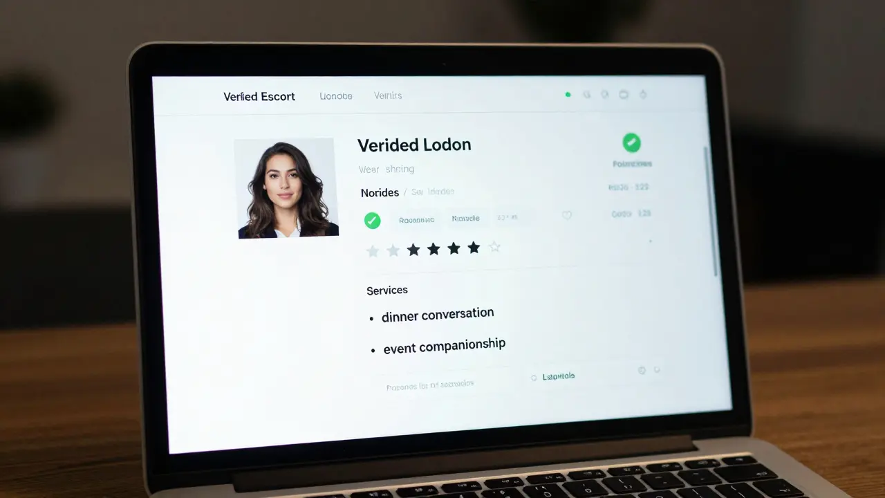 A professional escort profile on a secure website, showing clear pricing and verified services in London.