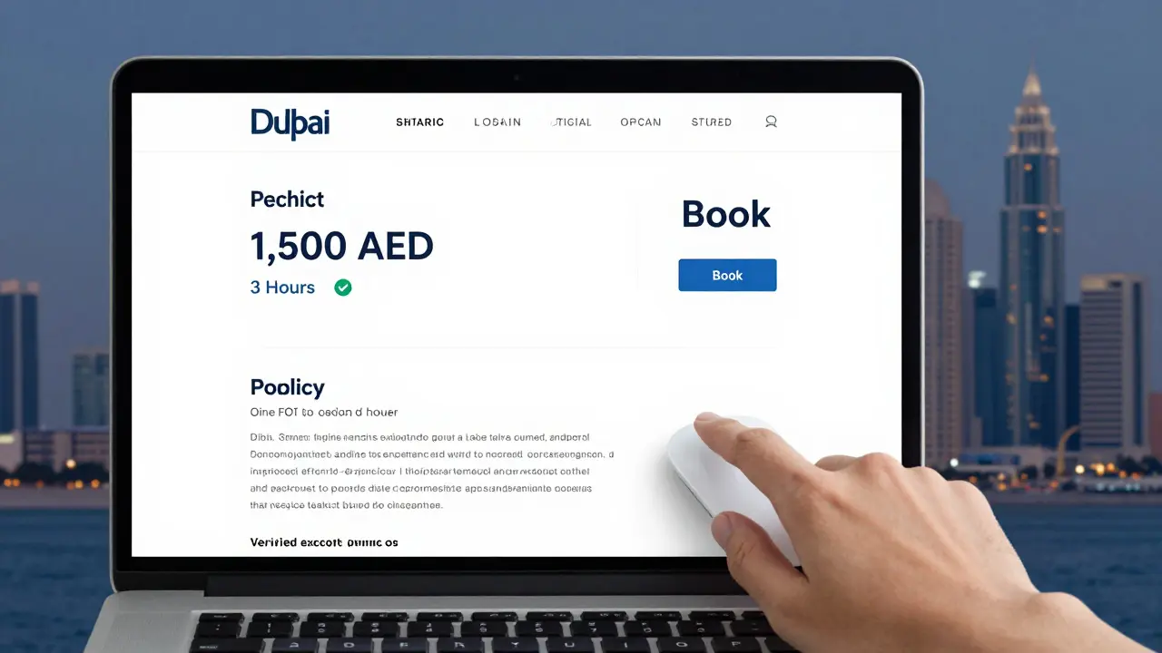 A professional escort service website on a laptop showing clear pricing and policies, no explicit imagery.