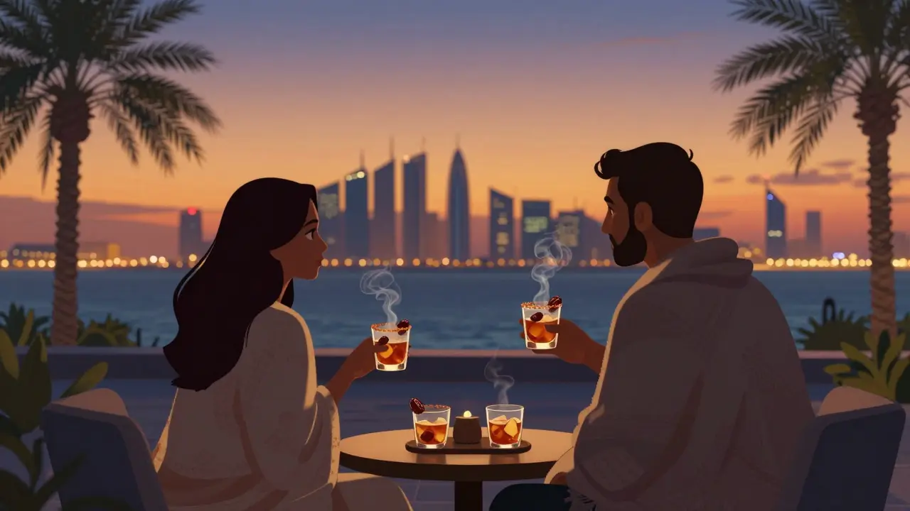A romantic couple on The Galleria’s Skyline Terrace watches the city lights come alive at sunset, wrapped in a blanket.