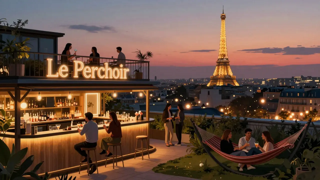 A rooftop bar in Paris with Eiffel Tower in the background, patrons relaxing in a garden under soft lights.