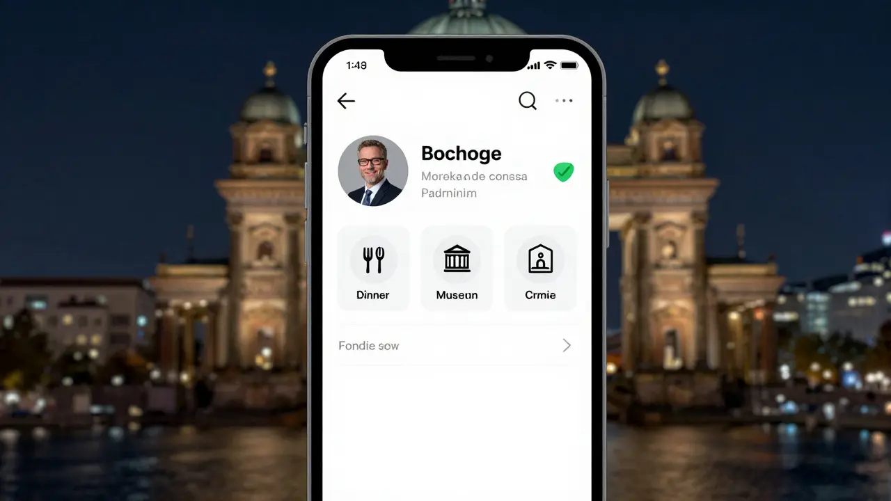 A smartphone screen displaying a verified professional companion profile for business events.