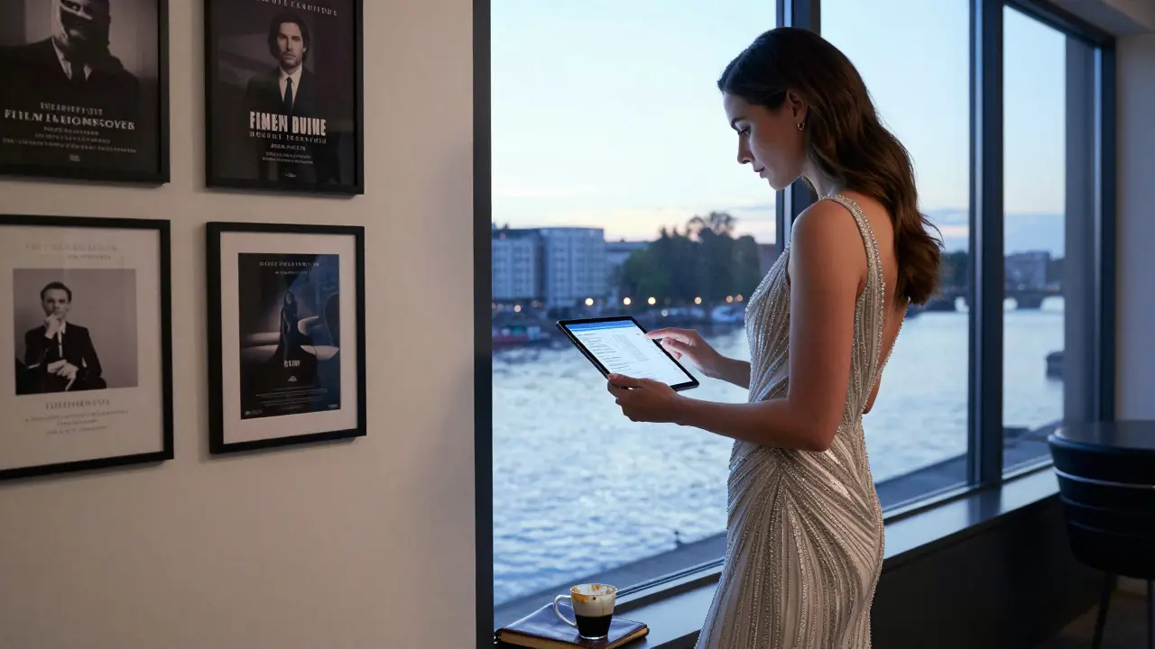 A sophisticated woman in couture reviews a private itinerary in a Berlin loft at dawn, surrounded by framed event invitations and soft morning light.