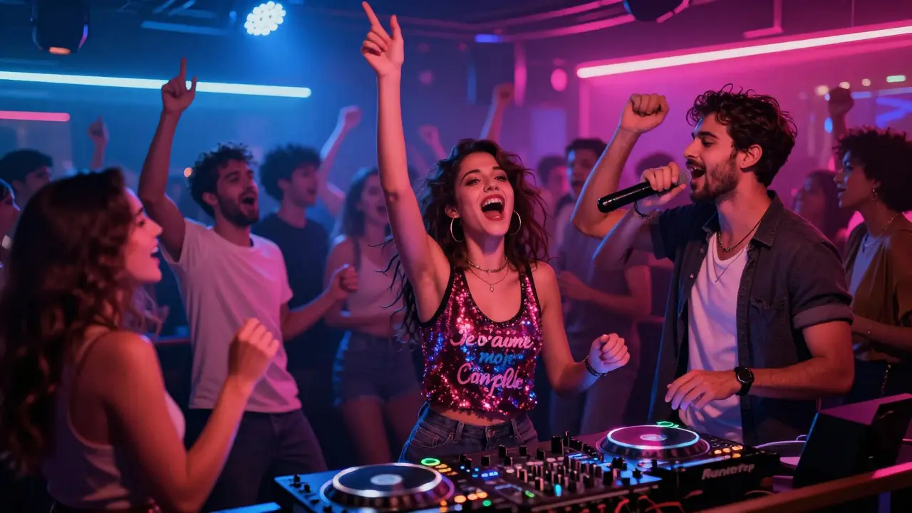 A vibrant neon-lit Paris karaoke night with a singer performing Mandarin pop as the crowd cheers under flashing lights.