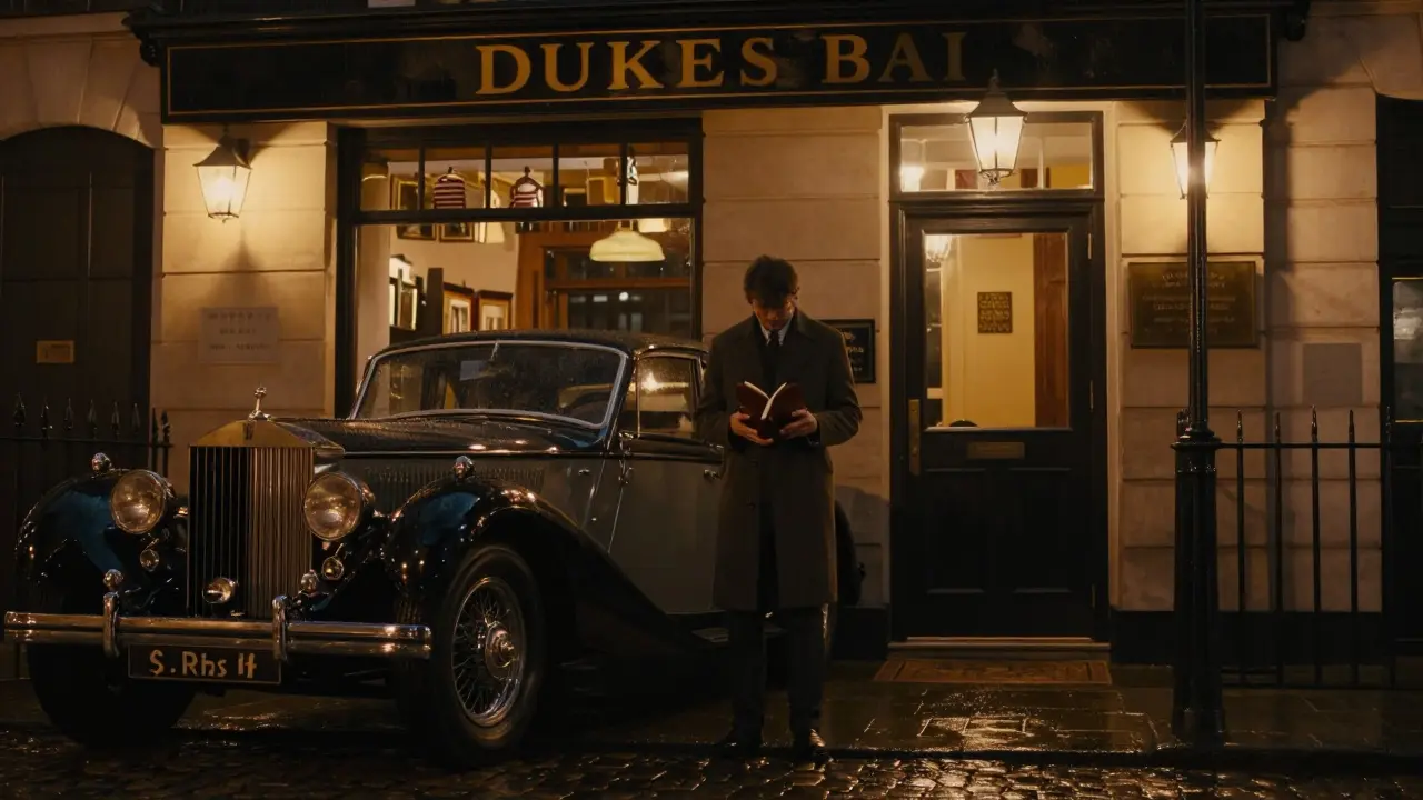 A vintage Rolls-Royce outside Dukes Bar in St. James’s, rain-slicked streets reflecting warm lamplight, a discreetly dressed figure waiting near the door.