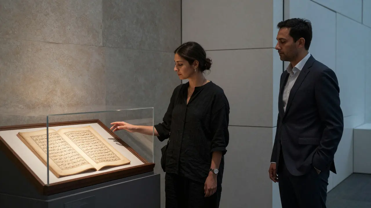 A woman sharing a quiet moment with a man in Louvre Abu Dhabi’s gallery, surrounded by cultural artifacts and soft museum light.