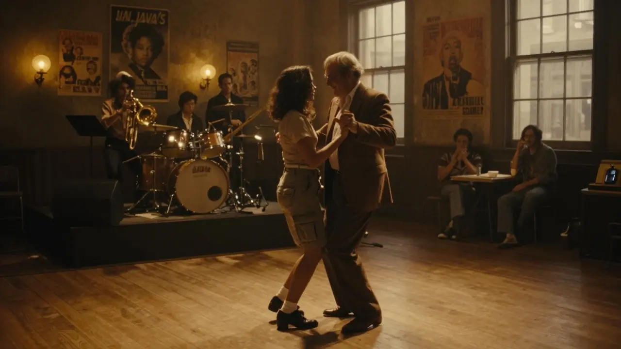 An elderly man and a young person dancing together on a wooden floor at a historic jazz nightclub.